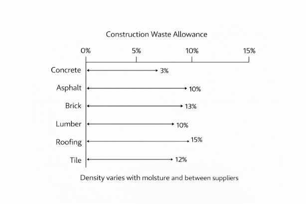 Construction waste allowance bar chart showing typical waste percentage ranges for concrete, asphalt, brick, lumber, roofing, and tile for planning reference.