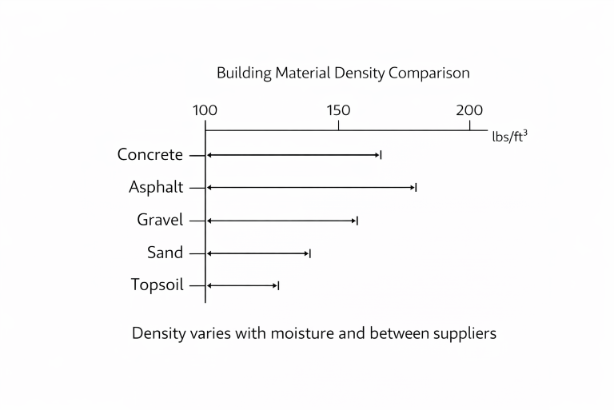 Building material density comparison chart showing typical density ranges for concrete, asphalt, gravel, sand, and topsoil, with notes about moisture and supplier variability.