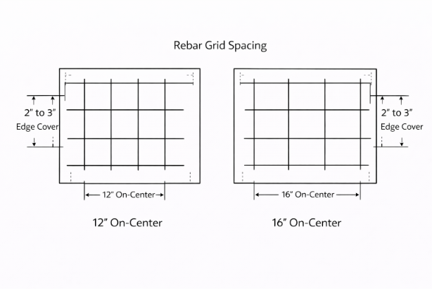 Rebar grid spacing diagram showing top-down slab view with 12 inch on-center spacing and 16 inch on-center spacing examples, including 2 to 3 inch edge cover callouts.