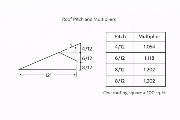 Roof pitch and multipliers diagram showing a roof pitch triangle with 4/12, 6/12, and 8/12 examples, plus a pitch multiplier table and note that one roofing square equals 100 square feet.